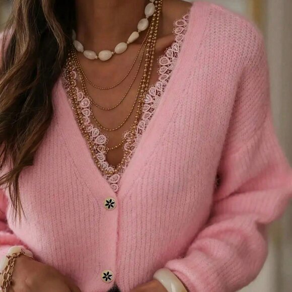 Pink Casual Women's V Neck Cardigan with Lace Trim - Picture 8 of 8